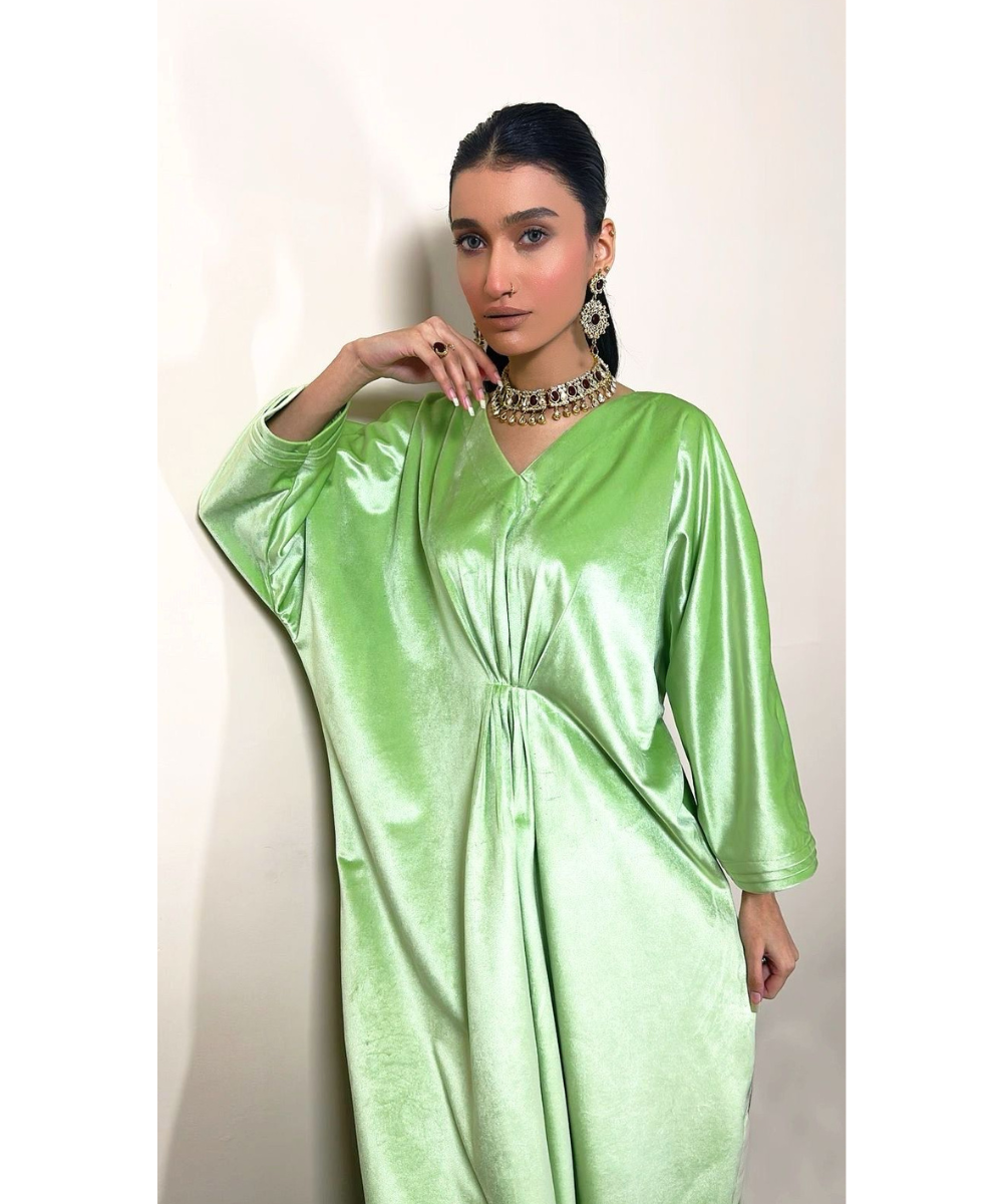 Apple Green Pakistani Kaftan Velvet Dress With Sleeves